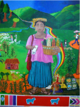 Peinture murale réalisée dans la communauté de Panzos, Alta Verapaz, représentant Mama Maquín, leader communautaire q'eqchi' tuée en 1978 lors d'un massacre à Panzos alors qu'elle souhaitait déposer une lettre de protestation au gouvernement local pour le droit à la terre. Son nom a été donné à l'organisation à laquelle appartient María Guadalupe. {PNG}